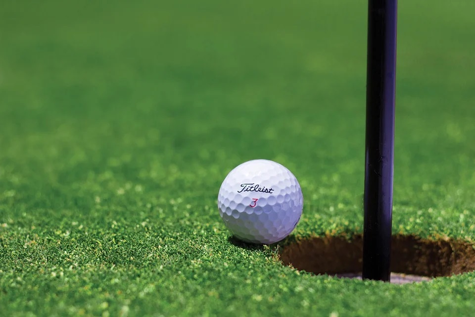 a photo of a golf ball near a hole in the golf field
